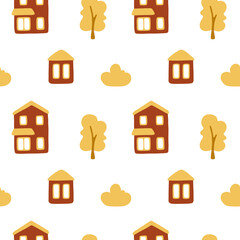 Vector seamless pattern with small cartoon houses and plants in red and yellow colors on white background. Cute illustration for wallpaper, wrapping paper, background, fabric, textile.