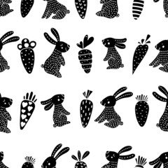 Cute rabbits and carrots in the Scandinavian forest. Seamless template can be used for wallpapers, fill templates, web pages backgrounds, surface textures