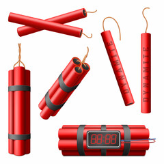 Realistic burning dynamite bomb sticks, 3d explosive red bomb with explosion timer. Dynamite military weapon, explosive red sticks vector illustration set. Dynamite sticks