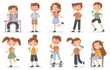 Kids drink water, juice or milk, thirsty kindergarten children. Girls and boys drinking delicious drinks vector illustration set. Baby characters drinking with bottles