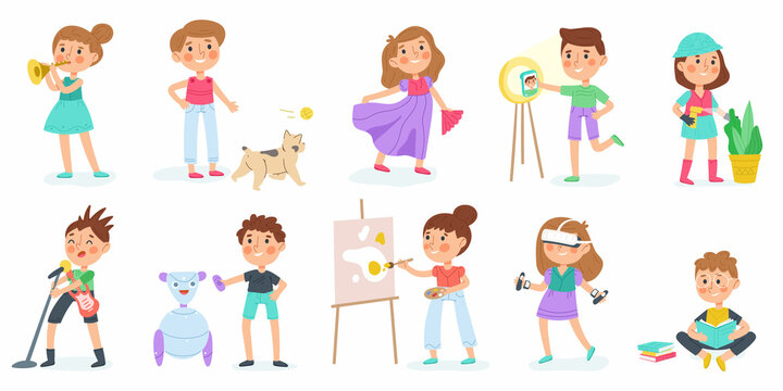 Children hobby, kids kindergarten activities, art, music and sport. Preschool boys and girls creative hobbies vector illustration set. Kids leisure activities