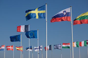 ensemble de drapeaux de l'union européenne. Au centre, le drapeau de l'Europe et le drapeau...
