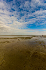 Panoramic view on the Wadden sea on a sand beach and blue sky during low tide