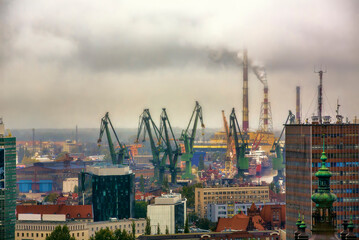 View towards the Industrial Areas with the Shipyards of Gdansk, Poland - obrazy, fototapety, plakaty