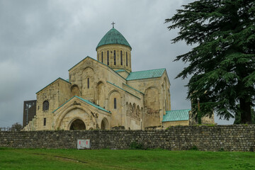 Panoramic view of Bagrati Cathedral in Kutaisi, Imereti, Georgia (Sakartvelo),Central Asia, Europe.Historical architecture of Kutaisi cathedral built in the 17th century.The Cathedral of the Dormition