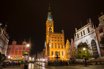 Night Shot of the Town Hall and the Neptune's Fountain at the "Long Market" (Dlugi Targ) in Gdansk, Poland