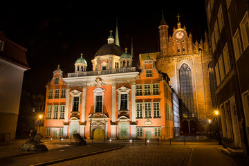Fototapeta na wymiar Night Shot of the Royal Chapel and St Mary's Church, Gdansk, Poland