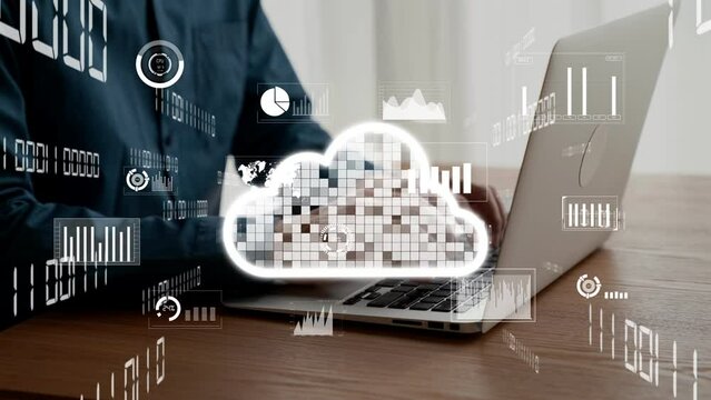 Businessman uses capable laptop computer to connect to cloud computing network for team data sharing on the cloud server and access computer files