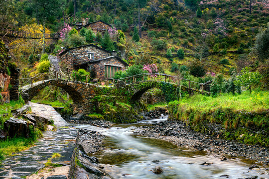 Traditional Houses and Bridges at Foz d'Egua, near Piodao, Portugal