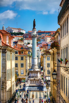 The Column of Pedro IV in the Middle of the Rossio Square (or Pedro IV Square), Lisbon, Portugal