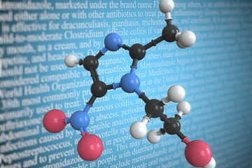 Molecular model of metronidazole, 3D rendering