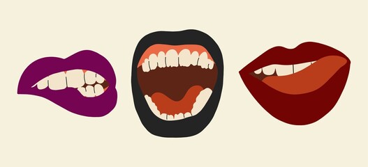 Realistic matte lips icons. Dark shades. Black, burgundy and purple. Flat design, hand drawn vector illustration for cosmetics advertising.