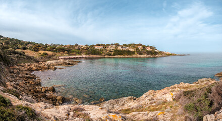 Fototapeta na wymiar The village and beach of Davia in the Balagne region on the west coast of Corsica