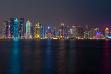 Doha,Qatar- December 23,2019 : Night view of Skyline,Doha's Financial District (West Bay).