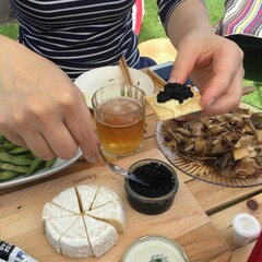 outdoor picnic scene, rooftop patio, cheese and crackers and caviar