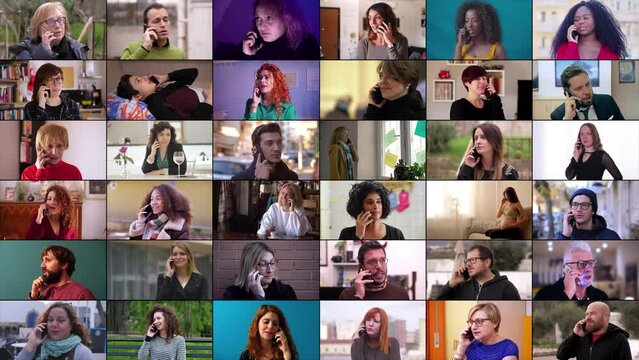 Multiscreen or colage on diverse mixed-races people talking on smartphone. Handsome caucasian and american african people calling on mobile phone
