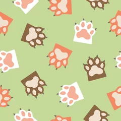 Foto auf Glas Seamless pattern with colorful kitty paws and green background © FRESH TAKE DESIGN