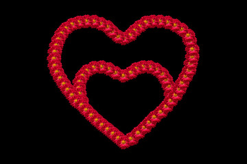 Two hearts joined together as a symbol of love, family. Outlines of hearts framed by flower buds highlighted on a black background. Flower hearts as a symbol of loyalty