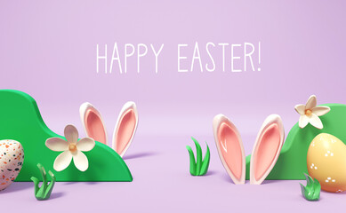 Happy Easter message with rabbit ears and Easter eggs