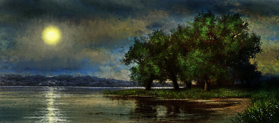 Fine art, artwork. Summer paintings landscape with tree and water, moon over the lake