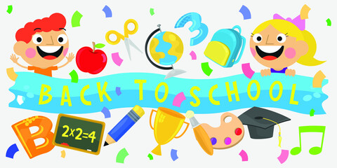 Cheerful cute students and school objects