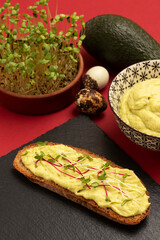 A slice of bread smeared with avocado mash and seasoned with microgreens. Avocado sandwich.