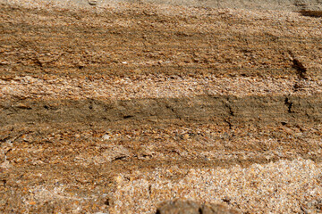 Sandy cliff. Small sandy wall. Layered sandstone walls.