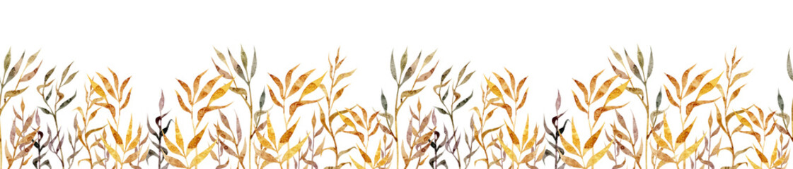 Seamless horizontal watercolor floral pattern with wheat spikelets and other dry grass hand drawn on a white background