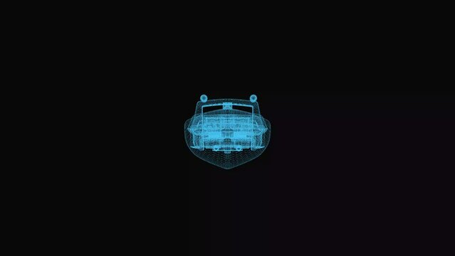 Motorboat wireframe scheme. 3d render with blue grid lines. Loop rotation on black background.