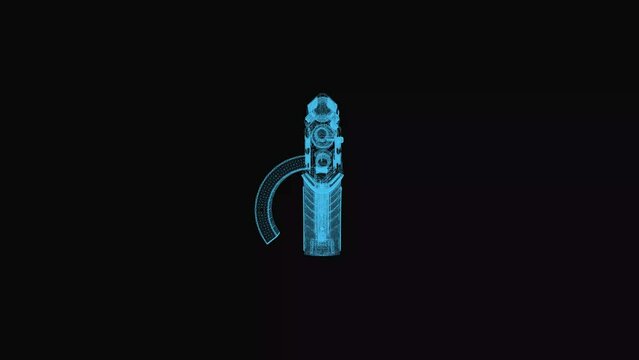Futuristic submachine gun wireframe scheme. 3d render with blue grid lines. Loop rotation on black background.