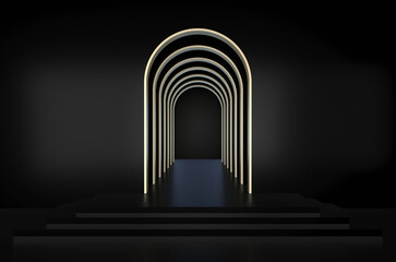 Dark abstract geometric arched background with golden edges; simple clean arched wall; luxury minimalist primitive shapes; minimal black primitive shapes; art deco frame; 3d rendering, 3d illustration