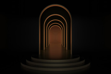 Dark and moody abstract geometric arched scene with golden edges; simple clean arched walls scene; luxury dark minimalist primitive shapes; art deco; 3d rendering, 3d illustration