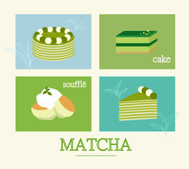Flat illustration style French matcha dessert material set