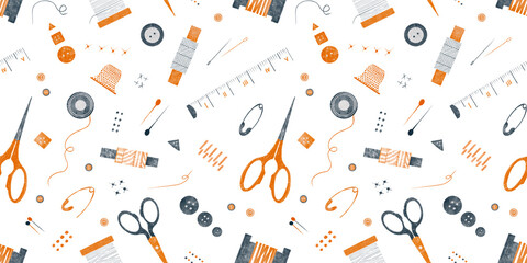 Seamstress seamless pattern with illustration of watercolor retro sewing tools. Sewing kit, accessories for sewing isolated on white background. Scissors, buttons, bobbins with thread, needles