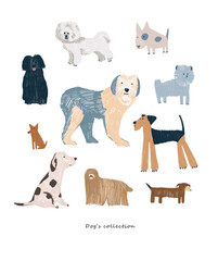 Hand-drawn colorful childish simple set with dogs in Scandinavian flat cartoon style isolated on white background. Hatch graphic doodle dogs collection for kids. Cute animals dogs print.