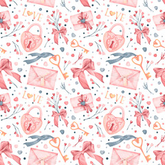 Watercolor hand drawn Valentine's day seamless pattern with items in flat cartoon style. Elements letter, lock and key, hearts, flowers, bows, doodles, letter isolated on white background.