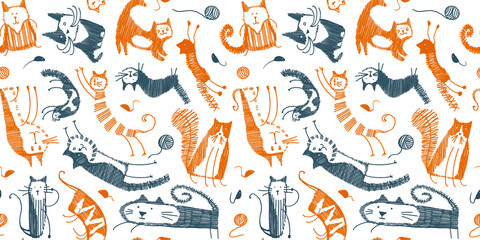 Hand drawn childish simple seamless pattern with cats, mouse, skein of thread in Scandinavian flat cartoon style isolated on white background. Hatch graphic animals print