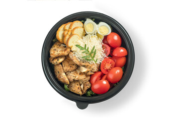 Meat and vegetables in a bowl. Food photography, light background