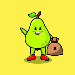 Cute cartoon Crazy rich pear fruit with money bag shaped funny in modern design  