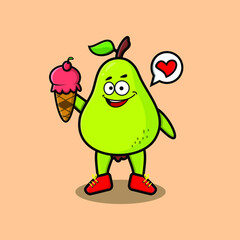 Cute Cartoon pear fruit character holding ice cream cone