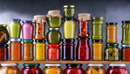 Jars with variety of pickled vegetables and fruits