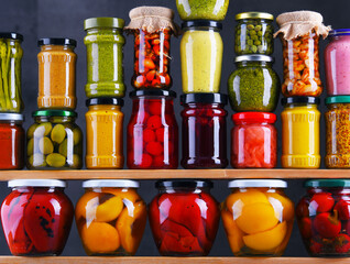 Jars with variety of pickled vegetables and fruits