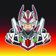 Furious Cyborg E-Sport Logo design in cartoon mecha style. suitable for gamer, toy industry, game character, social media profile avatar,comic, coloring book,poster,mascot