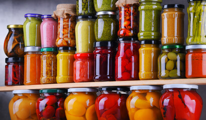 Jars with variety of pickled vegetables and fruits