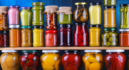 Jars with variety of pickled vegetables and fruits