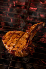 Grilled meat, ribs. Photograph of food on a dark background