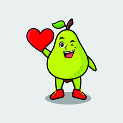 Cute cartoon pear fruit character holding big red heart in modern style design  