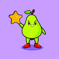 Cute cartoon pear fruit character holding big golden star in cute modern style design
