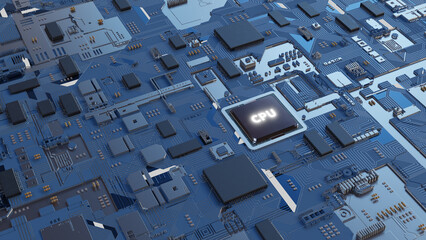 CPU on circuit board pattern illustration, 3drendering