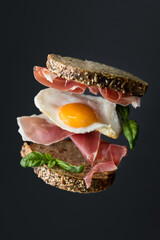 Sandwich with egg and bacon. Food photography levitation, dark background